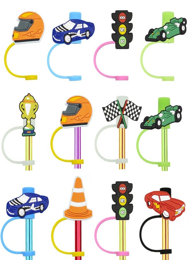 Meaxur 16pcs Championship Car Themed Reusable Food Grade Silicone Straw Sleeve Caps, Suitable for Party Favor Bags, Birthday Party,Championship Car Party Favor, Dustproof Soft Straw Covers for 7-8mm Straws - Image 1